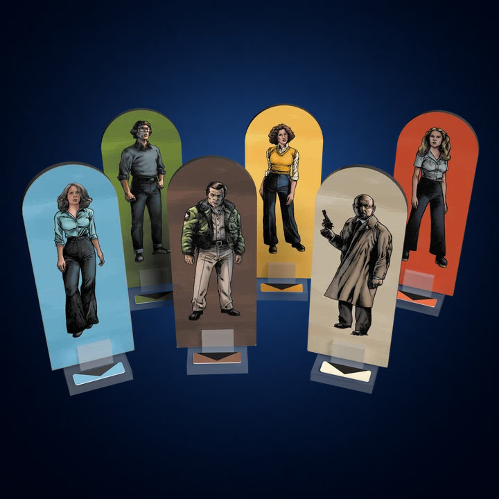 Halloween 1978 Board Game – character standees on dark midnight-blue gradient