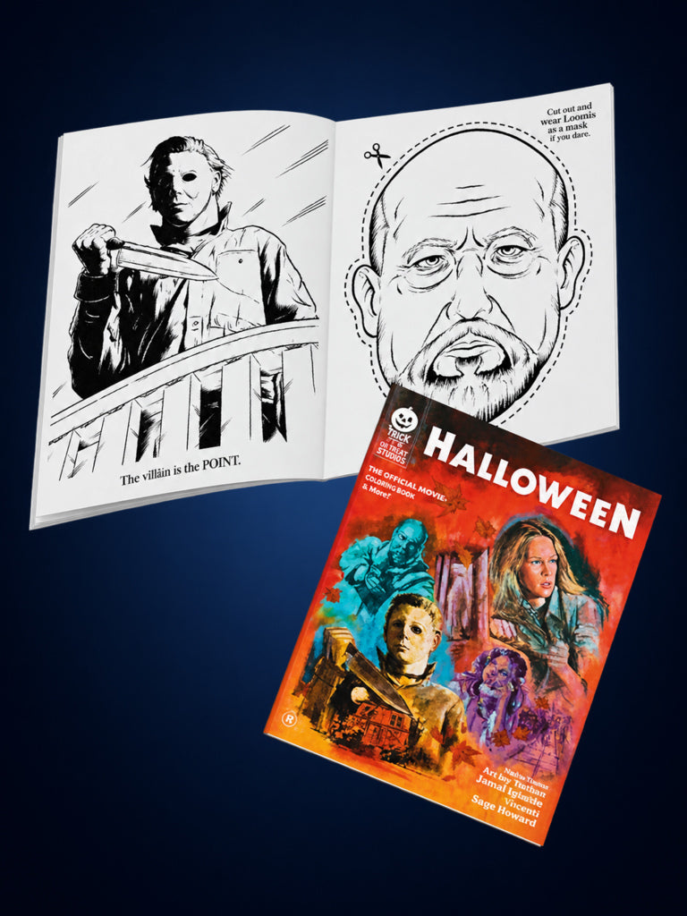 Halloween 1978 Coloring Book cover and open illustrated pages on a dark midnight-blue gradient