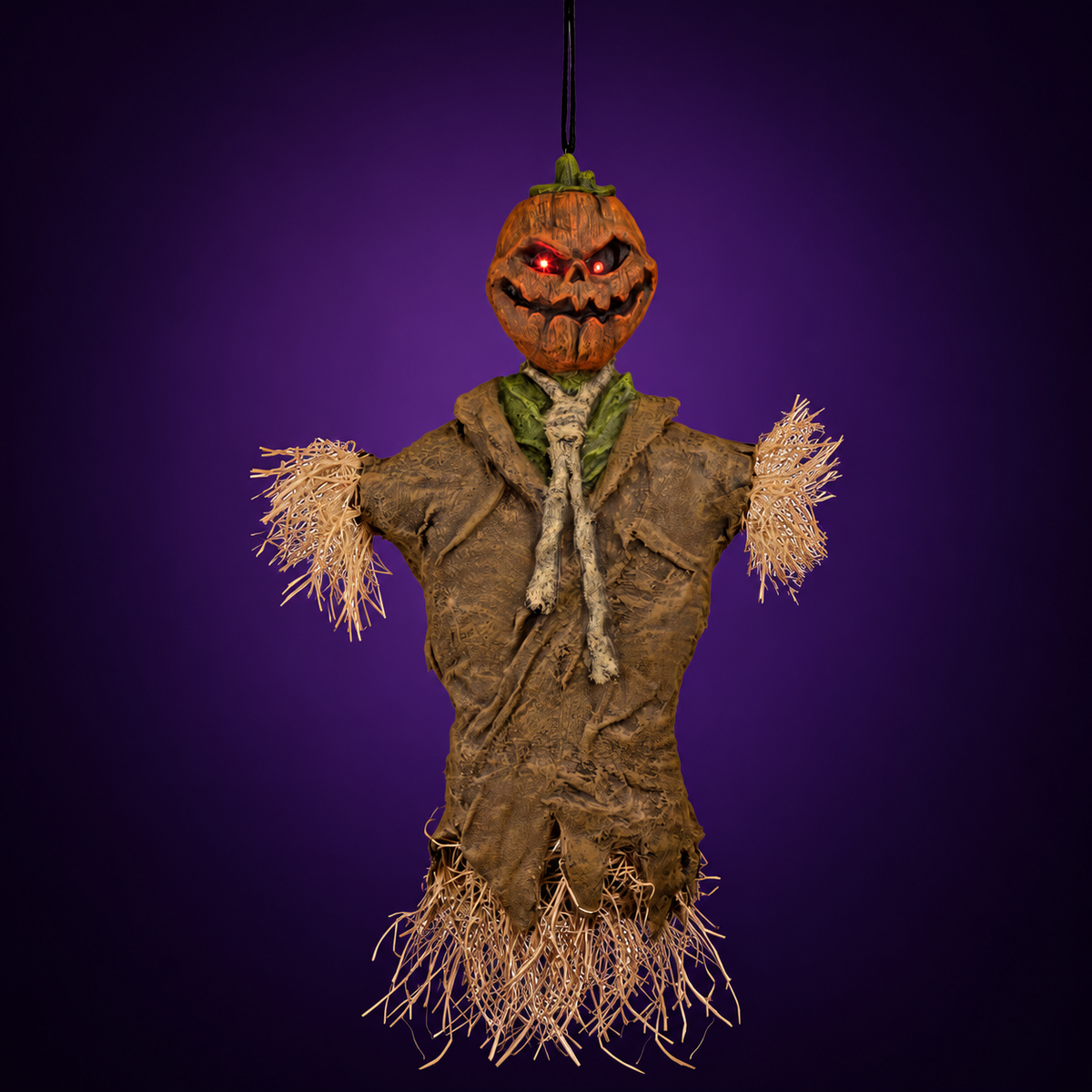 Hanging Pumpkin scarecrow decoration against a smooth dark midnight-purple gradient background