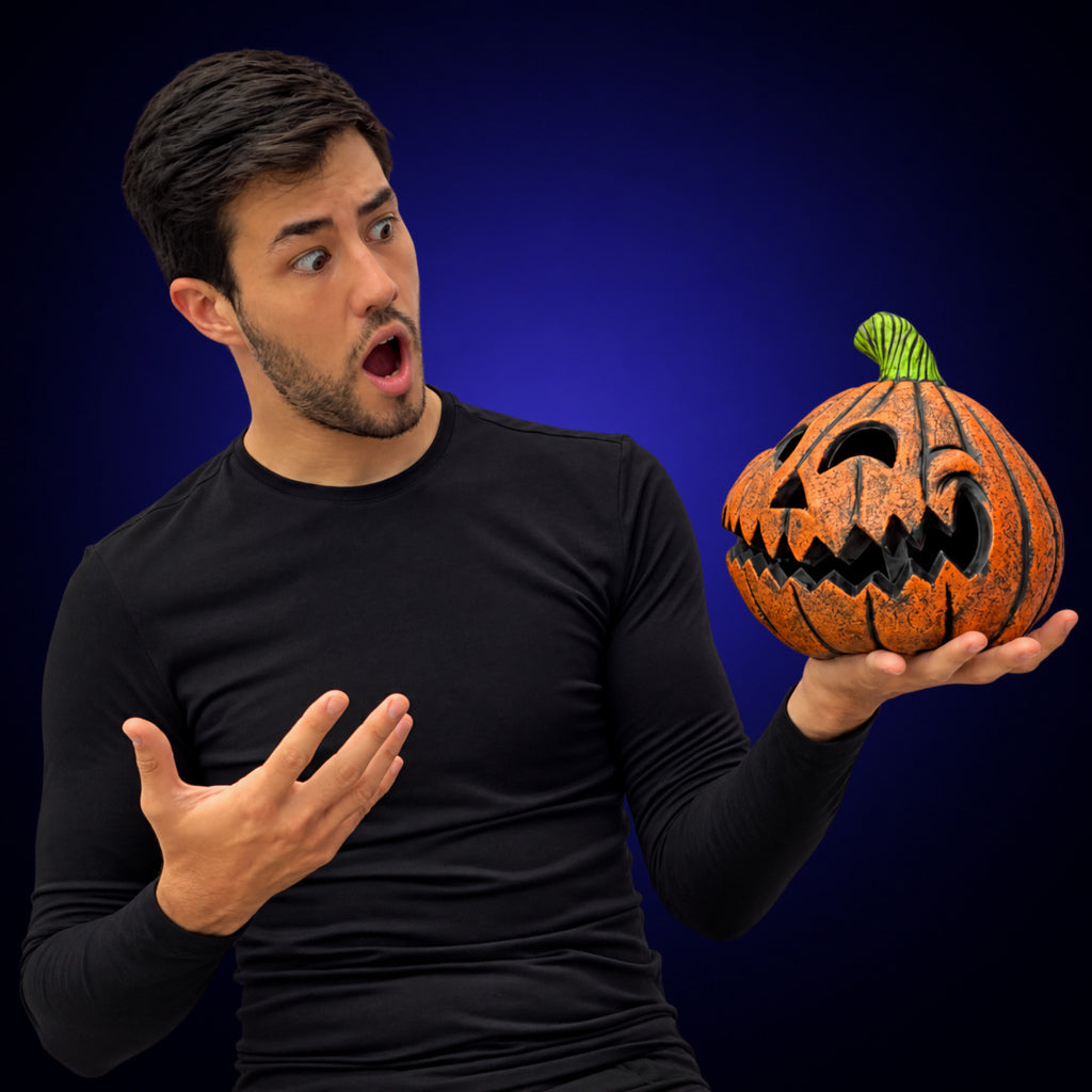 Happy Pumpkin – size reference with person on dark indigo gradient