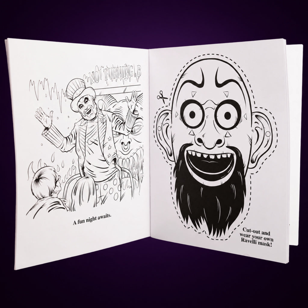 House of 1000 Corpses Coloring Book – open illustrated pages 2 on dark violet gradient