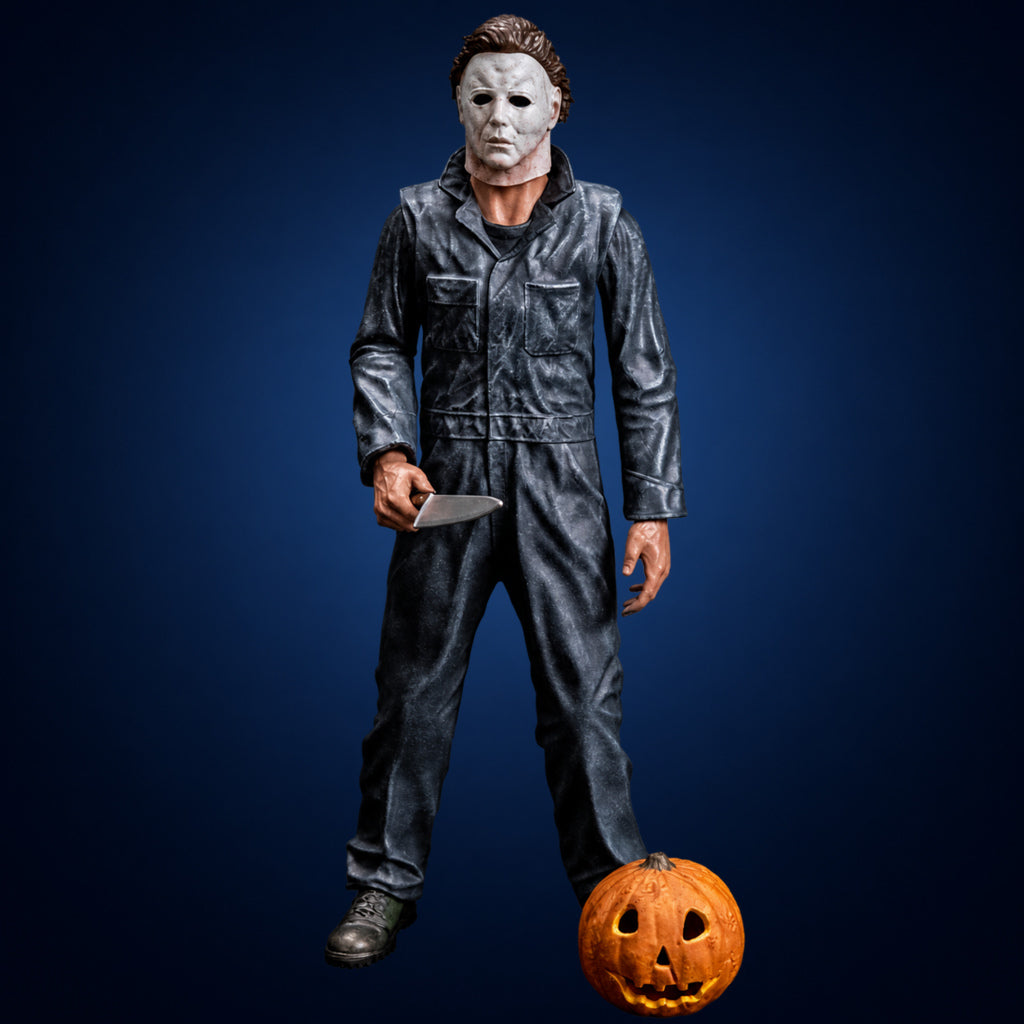 Scream Greats Halloween Michael Myers 8-inch figure – figure and pumpkin view on dark midnight-blue gradient