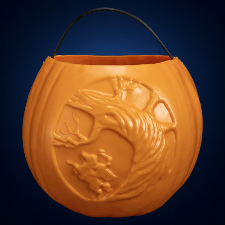 Sleepy Hollow Pumpkin candy pail – embossed rear view on midnight-blue gradient