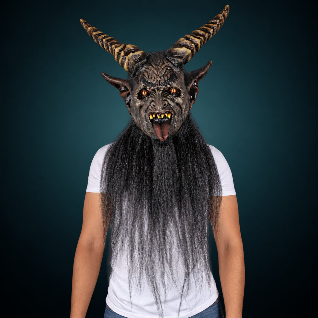 The Krampen mask, view 7, against a smooth dark slate-teal gradient background