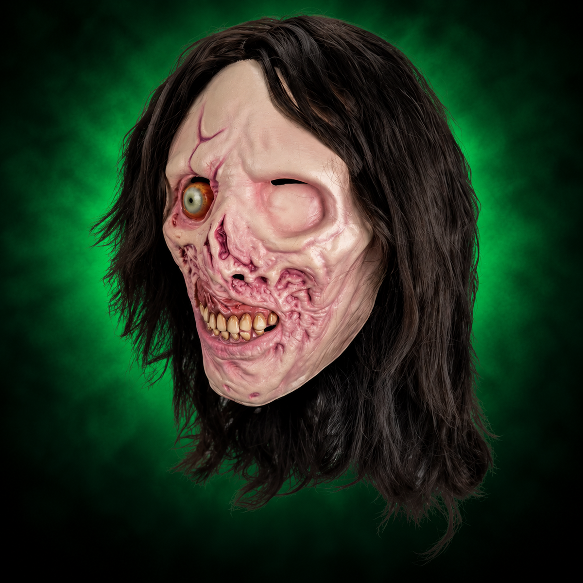 Victoria Heyes Terrifier 2 mask, left-facing angled view against green gradient background