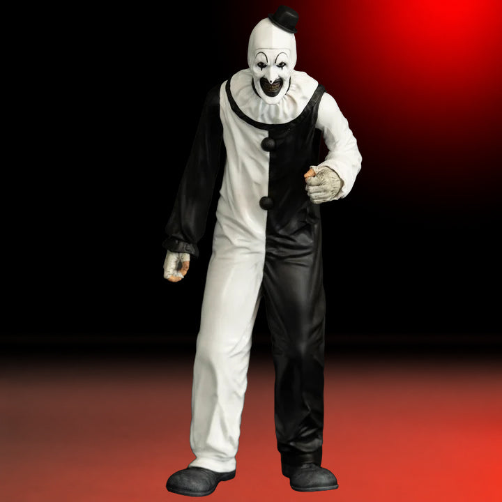 Art the Clown 8-inch Figure Terrifier – view 10 with red and black studio background matching the original hero image