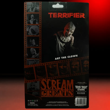 Art the Clown 8-inch Figure Terrifier – view 2 with red and black studio background matching the original hero image