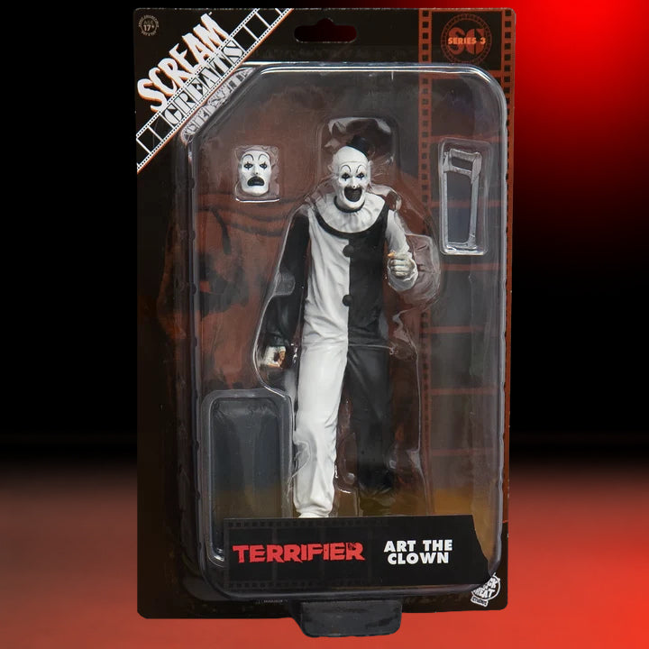 Art the Clown 8-inch Figure Terrifier – view 3 with red and black studio background matching the original hero image