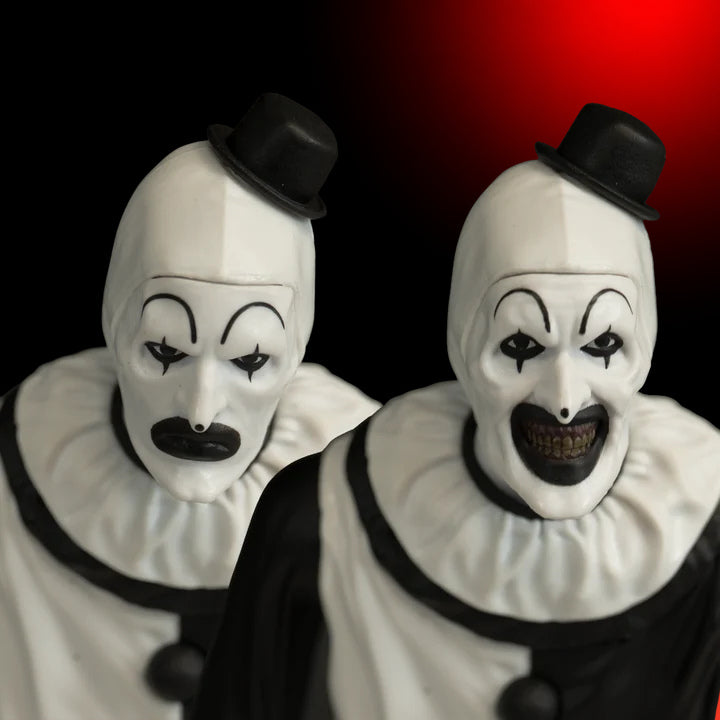 Art the Clown 8-inch Figure Terrifier – view 4 with red and black studio background matching the original hero image
