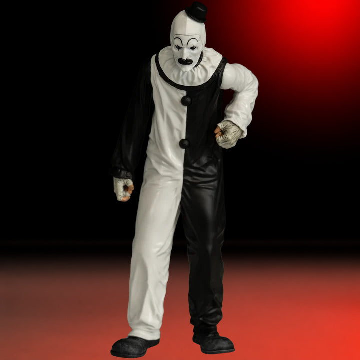 Art the Clown 8-inch Figure Terrifier – view 5 with red and black studio background matching the original hero image