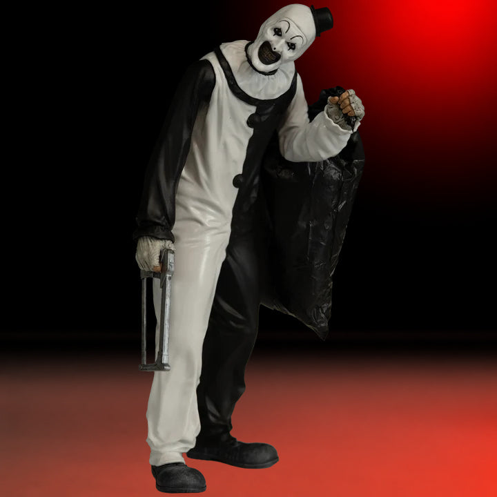 Art the Clown 8-inch Figure Terrifier – view 6 with red and black studio background matching the original hero image