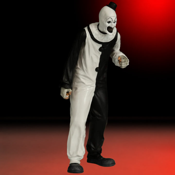 Art the Clown 8-inch Figure Terrifier – view 9 with red and black studio background matching the original hero image