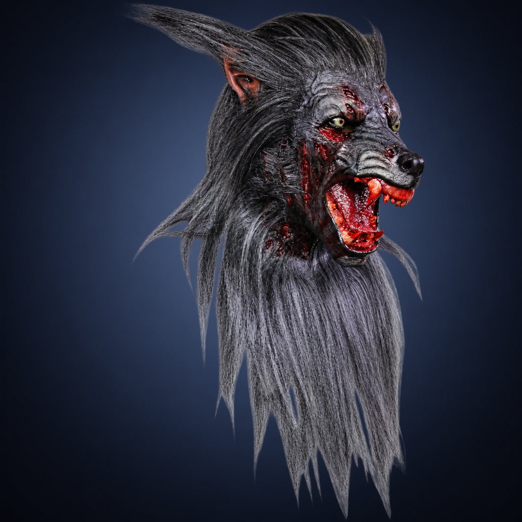 Black Wolf mask, view 1, against a smooth dark slate-blue gradient background