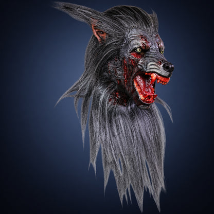 Black Wolf mask, view 1, against a smooth dark slate-blue gradient background