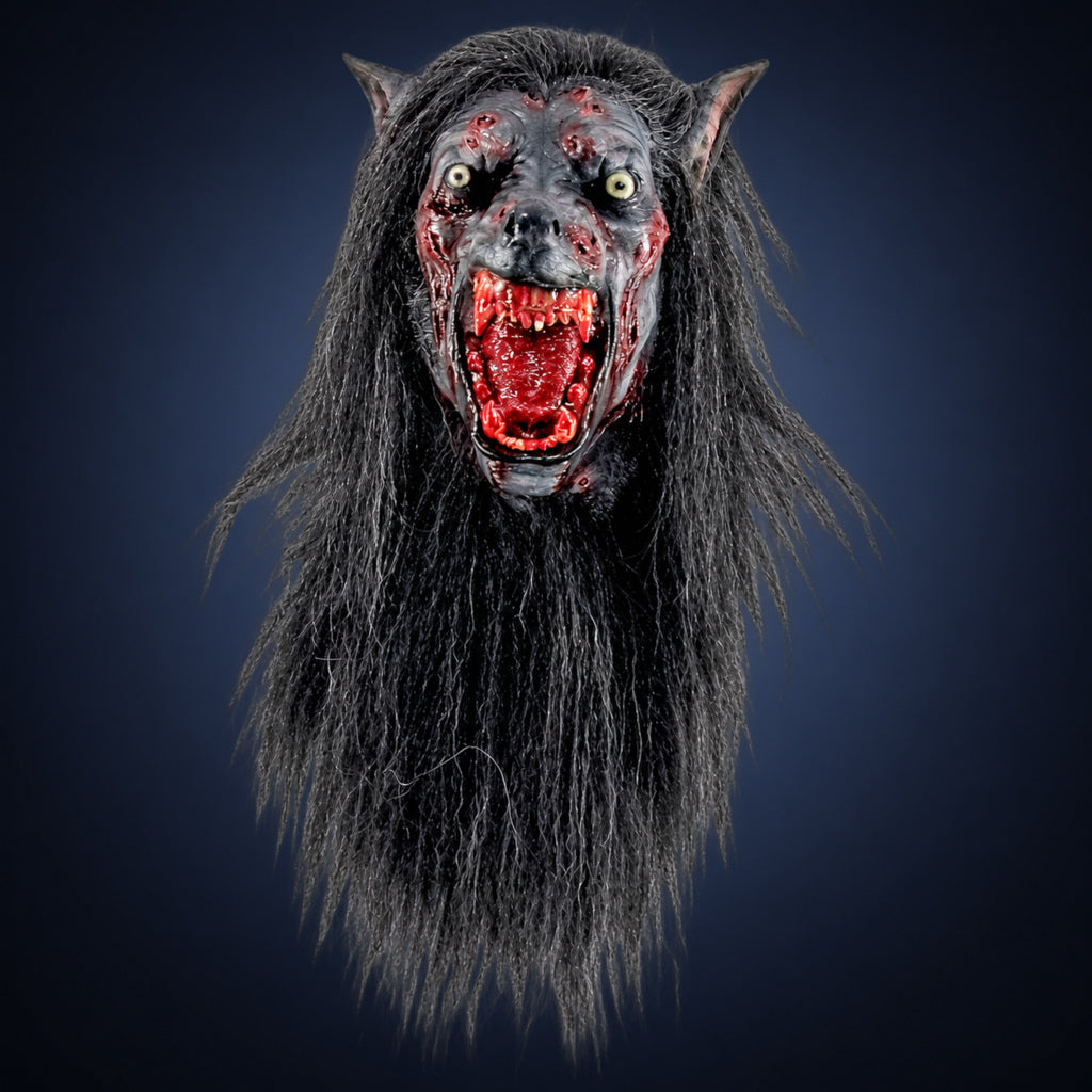 Black Wolf mask, view 2, against a smooth dark slate-blue gradient background