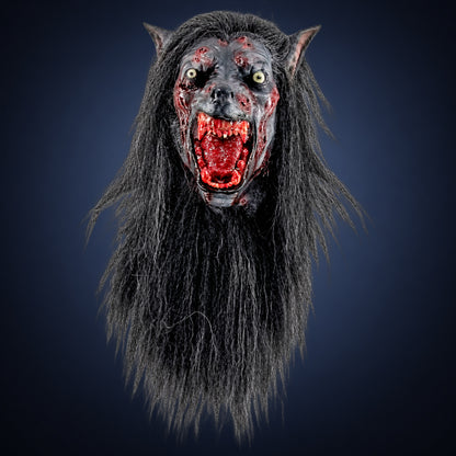 Black Wolf mask, view 2, against a smooth dark slate-blue gradient background