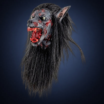 Black Wolf mask, view 3, against a smooth dark slate-blue gradient background