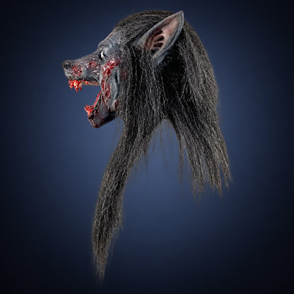 Black Wolf mask, view 4, against a smooth dark slate-blue gradient background