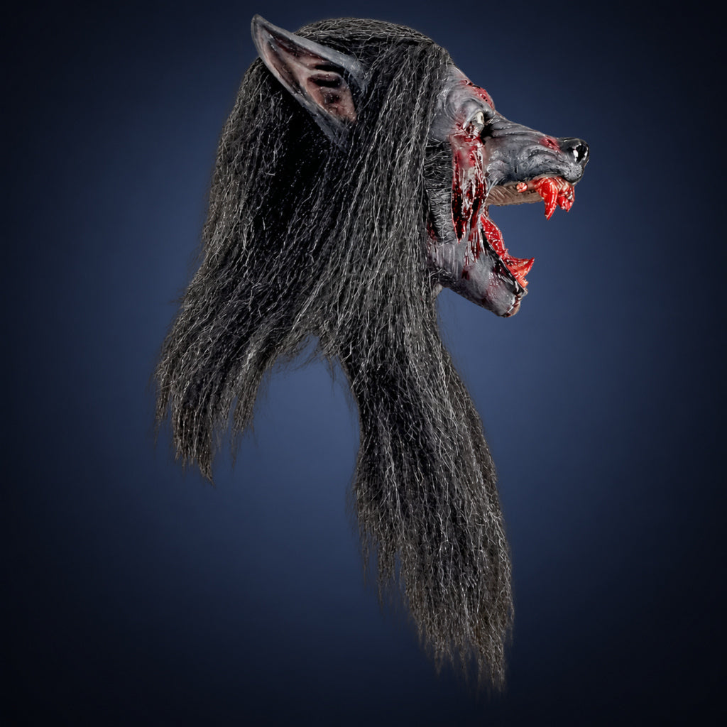 Black Wolf mask, view 6, against a smooth dark slate-blue gradient background