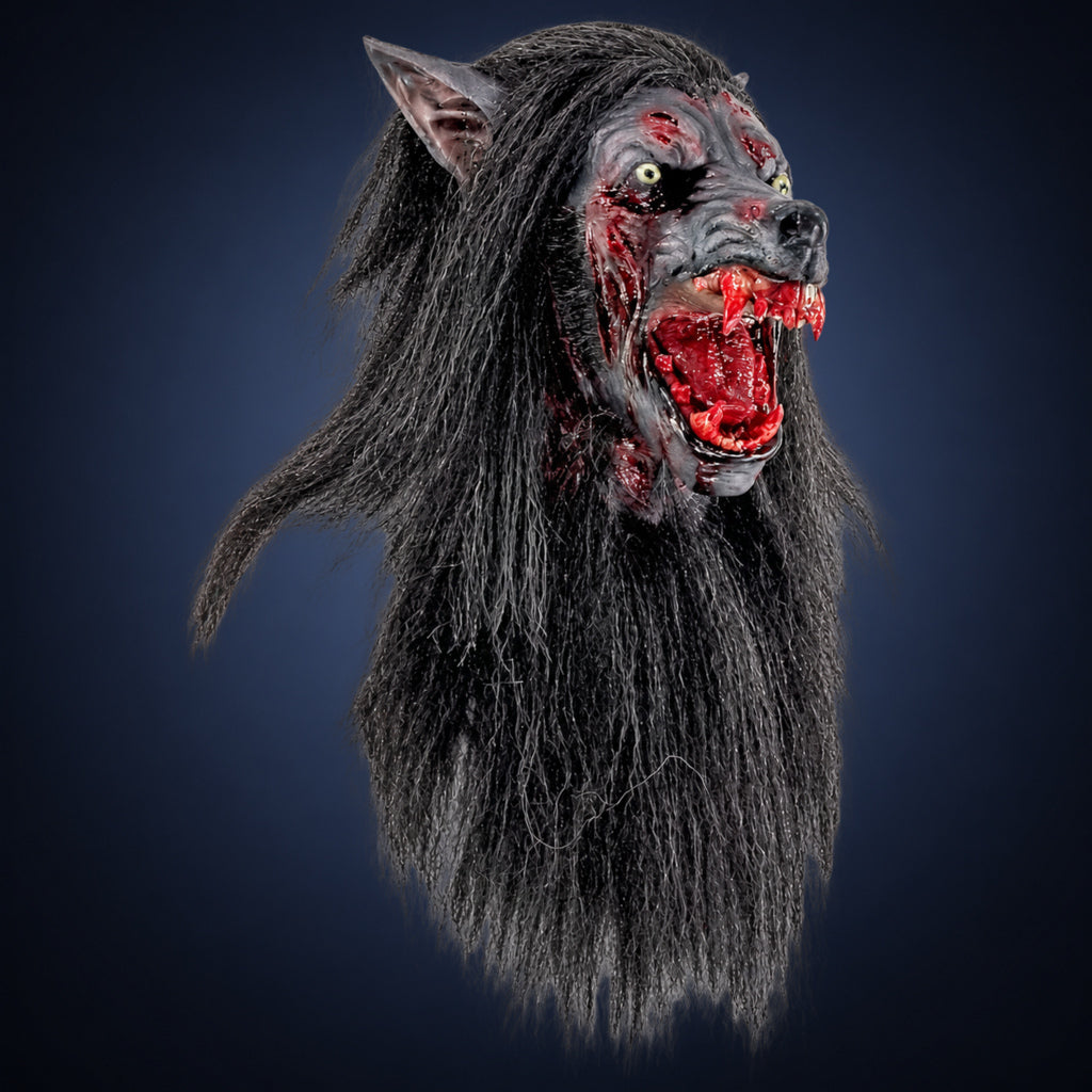 Black Wolf mask, view 7, against a smooth dark slate-blue gradient background