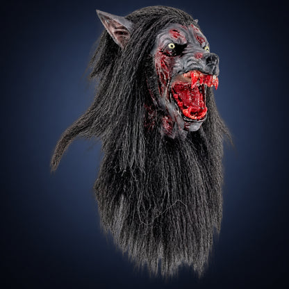 Black Wolf mask, view 7, against a smooth dark slate-blue gradient background