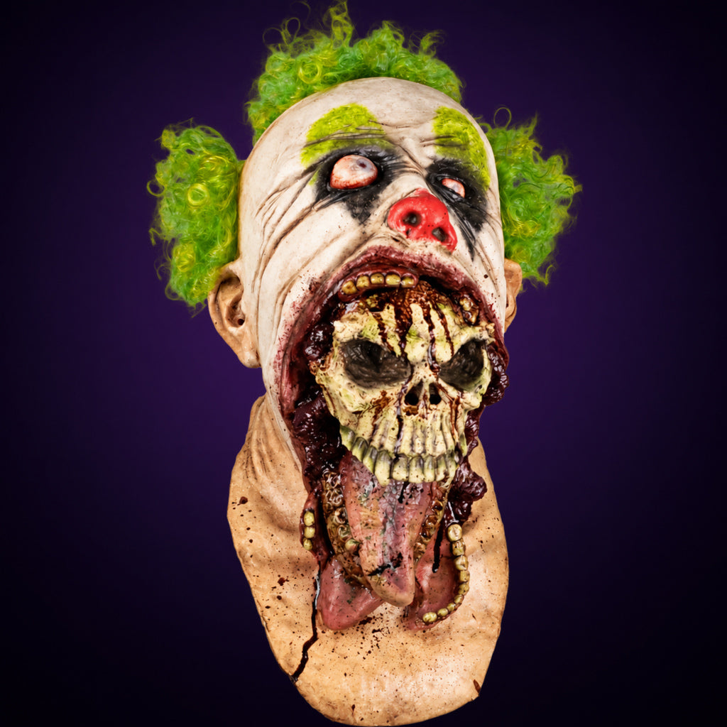 Blurp Malevolent Clown mask, view 1, against a smooth dark violet-charcoal gradient background