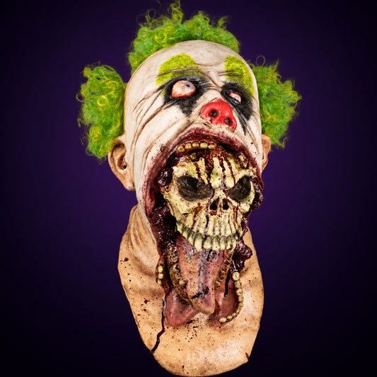 Blurp Malevolent Clown mask, view 1, against a smooth dark violet-charcoal gradient background