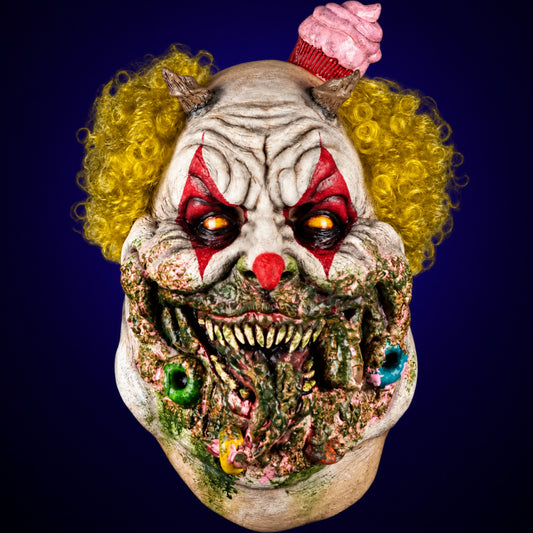 Charles Demon of Gluttony mask, view 1, against a smooth dark indigo gradient background