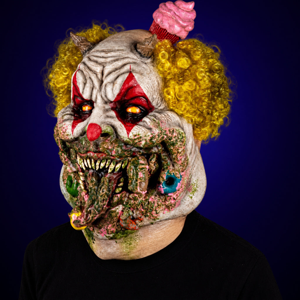 Charles Demon of Gluttony mask, view 7, against a smooth dark indigo gradient background