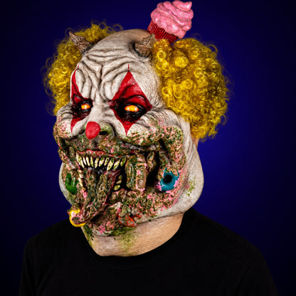 Charles Demon of Gluttony mask, view 7, against a smooth dark indigo gradient background