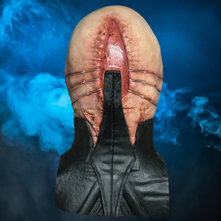 Chatterer Hellraiser mask – view 2 with blue smoke background matching the original hero image
