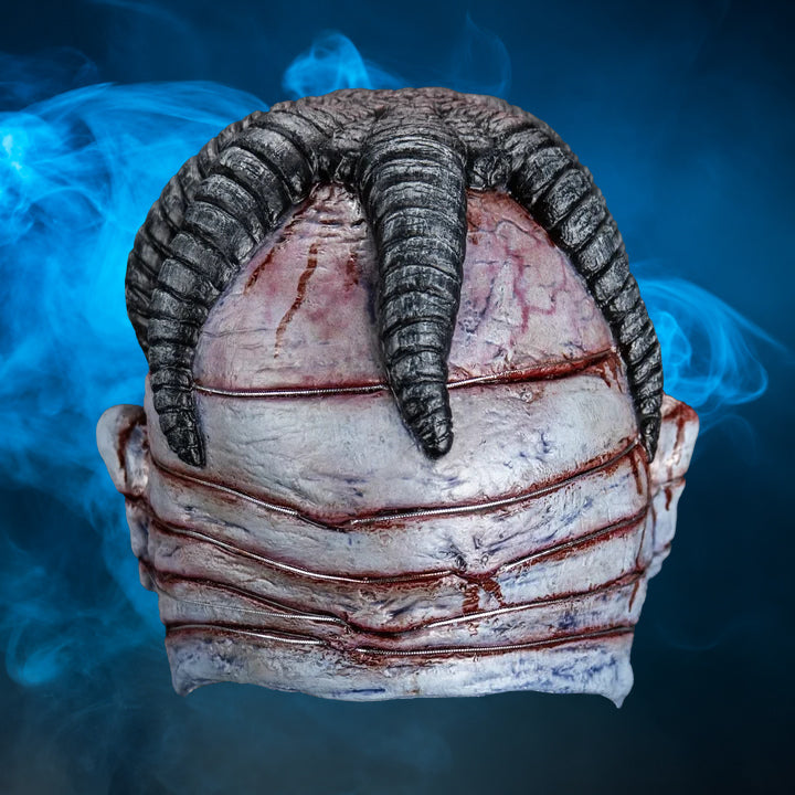 Dr. Channard Hellraiser mask – view 2 with blue smoke background matching the original hero image