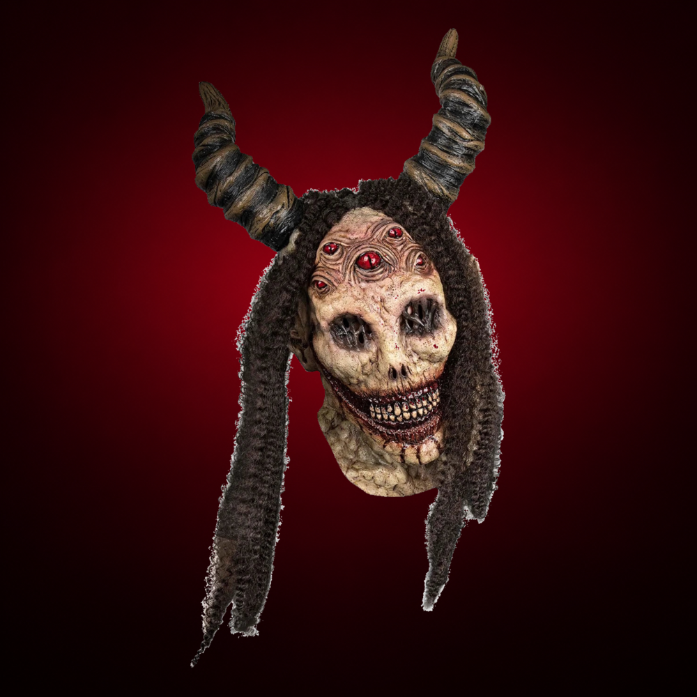 Evil Angel mask, view 1, against consistent smooth dark garnet gradient