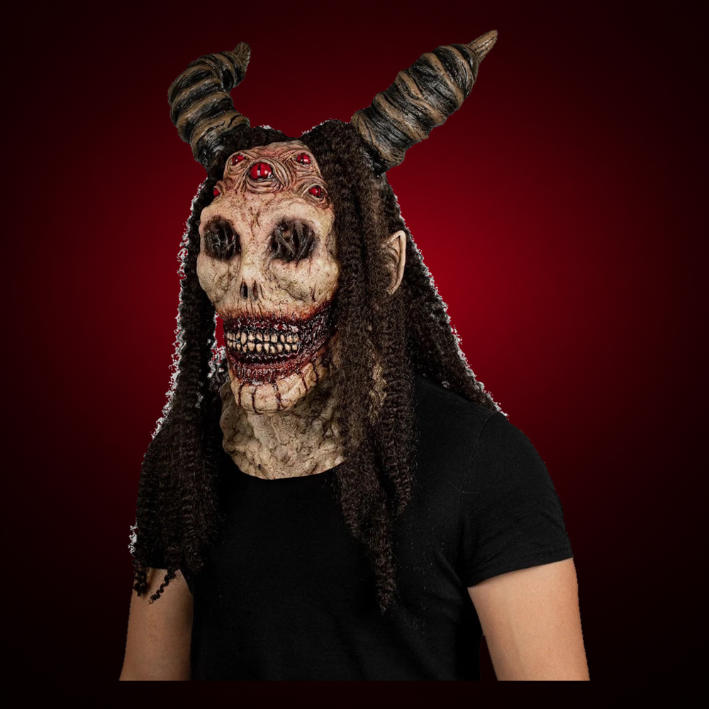 Evil Angel mask, view 2, against consistent smooth dark garnet gradient