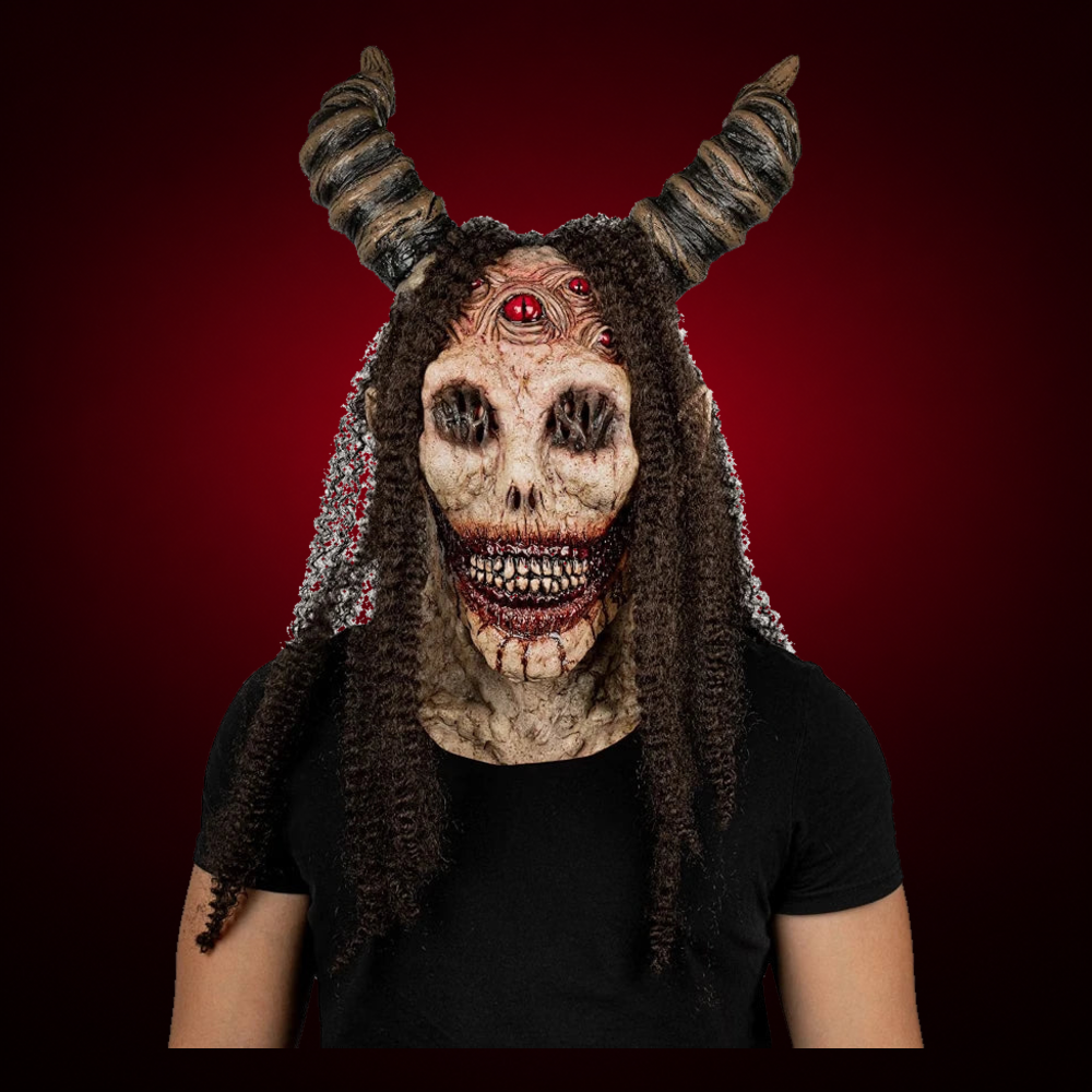 Evil Angel mask, view 3, against consistent smooth dark garnet gradient