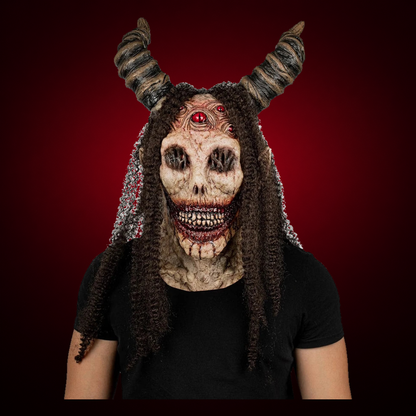 Evil Angel mask, view 3, against consistent smooth dark garnet gradient
