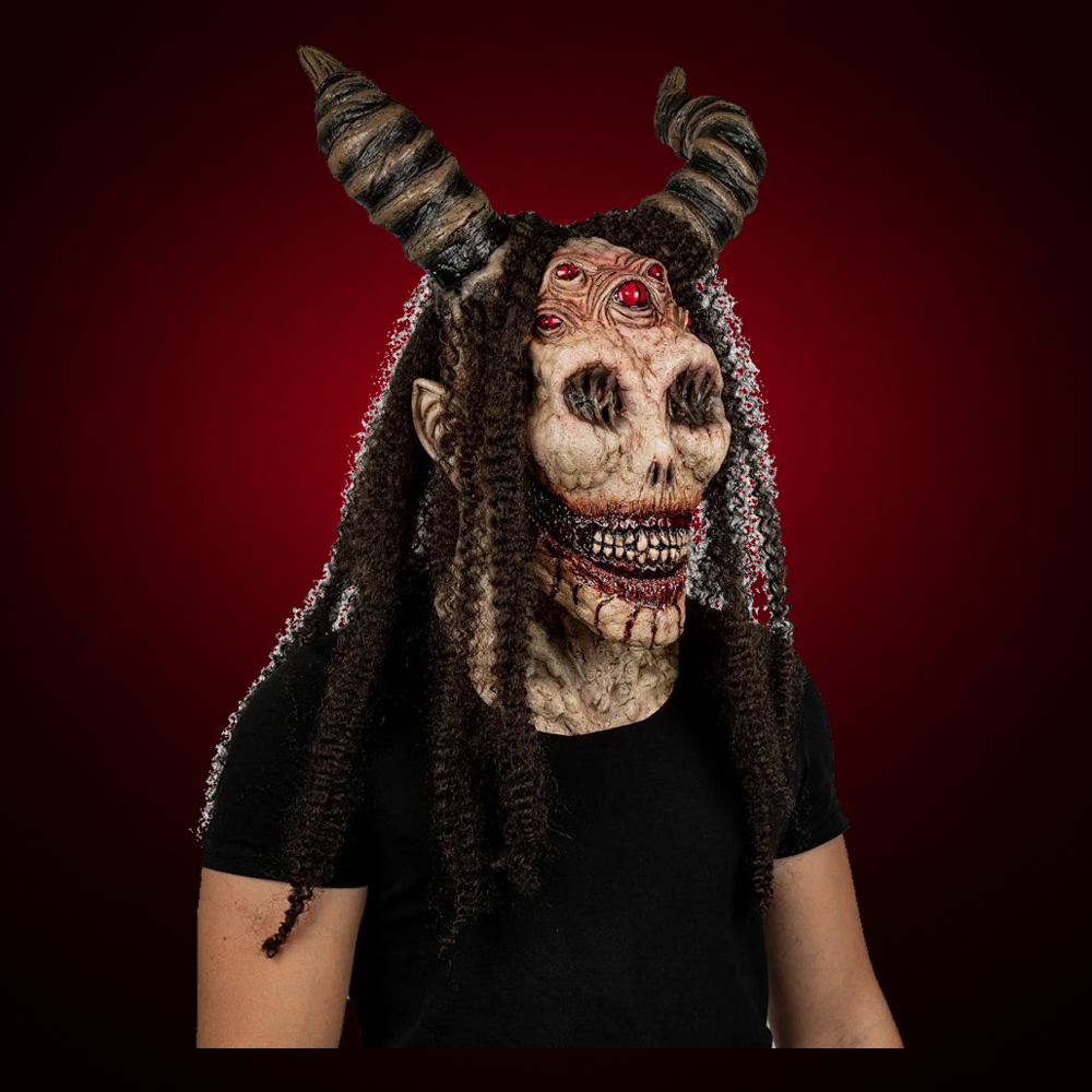 Evil Angel mask, view 4, against consistent smooth dark garnet gradient