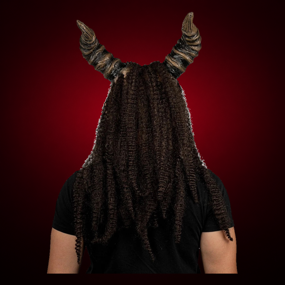 Evil Angel mask, view 5, against consistent smooth dark garnet gradient