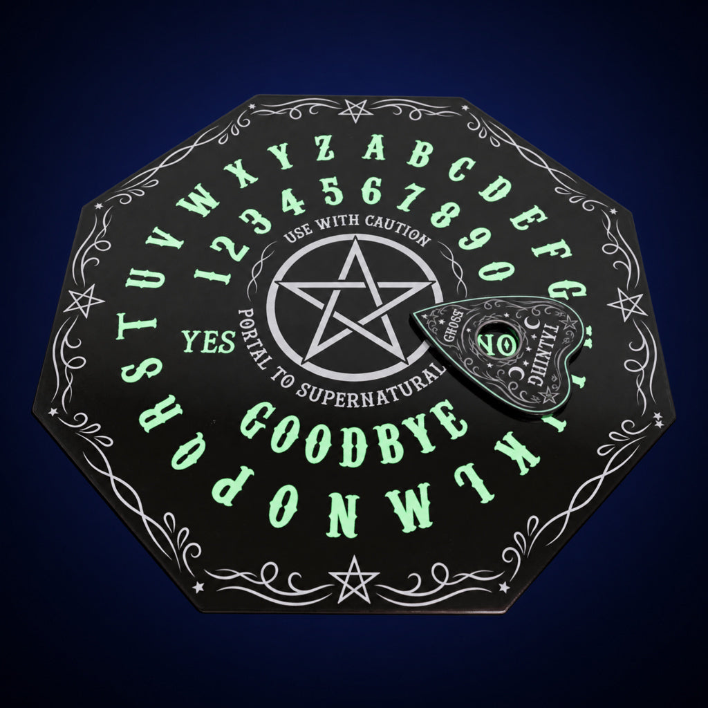 Glow in the Dark Spirit Board – board and planchette view 1 on dark indigo gradient