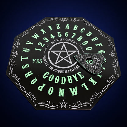 Glow in the Dark Spirit Board – board and planchette view 1 on dark indigo gradient