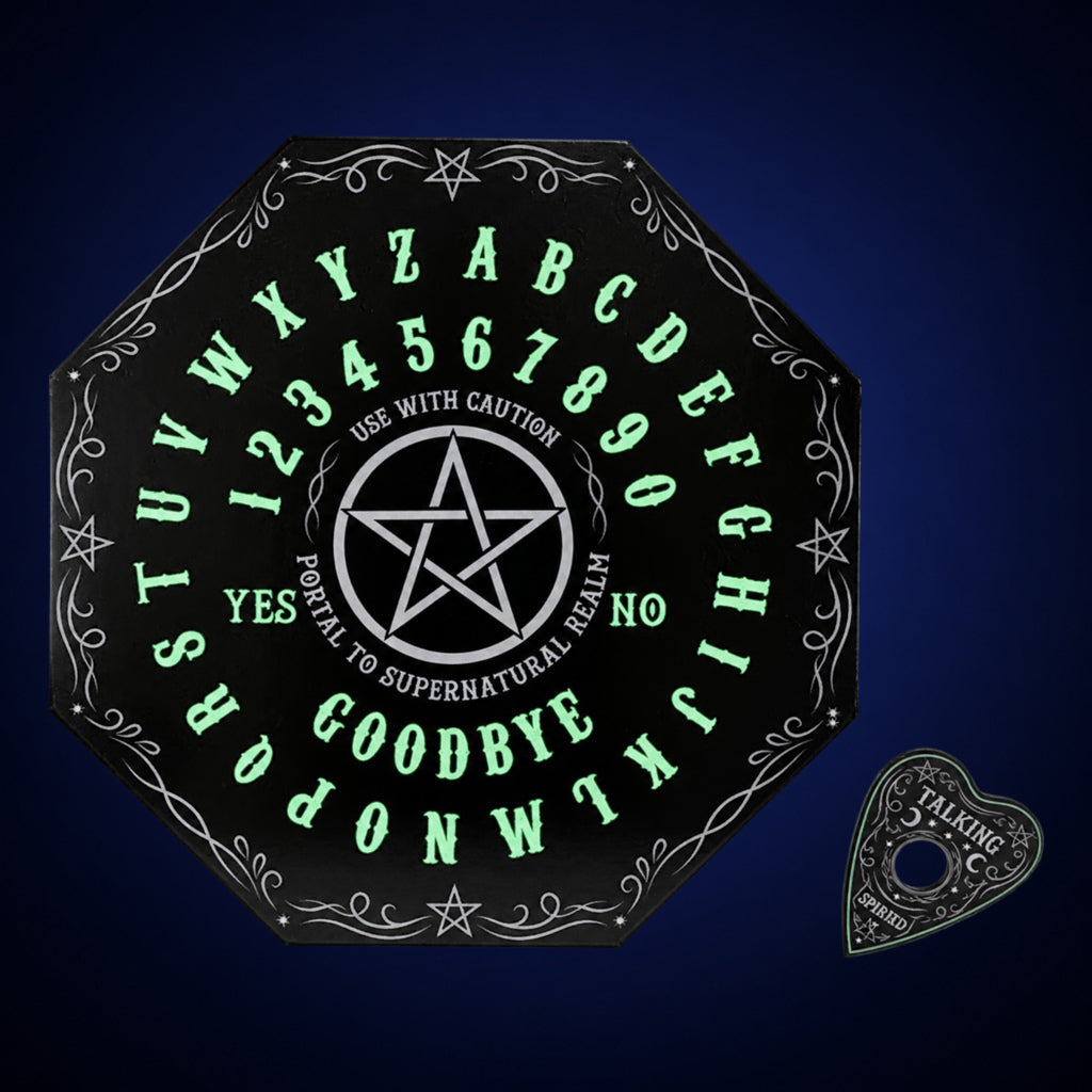 Glow in the Dark Spirit Board – board and planchette view 2 on dark indigo gradient