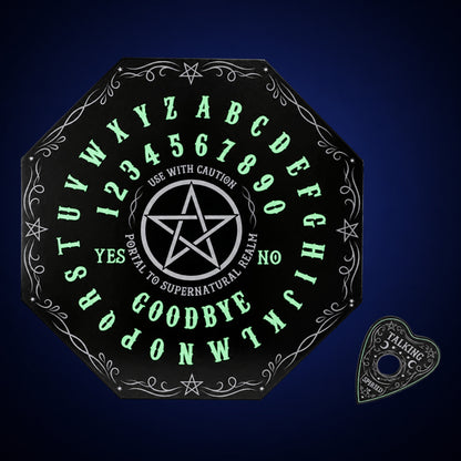 Glow in the Dark Spirit Board – board and planchette view 2 on dark indigo gradient