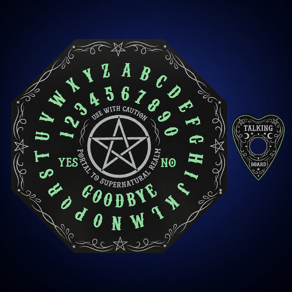 Glow in the Dark Spirit Board – board and planchette view 3 on dark indigo gradient