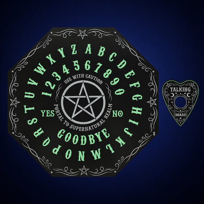 Glow in the Dark Spirit Board – board and planchette view 3 on dark indigo gradient