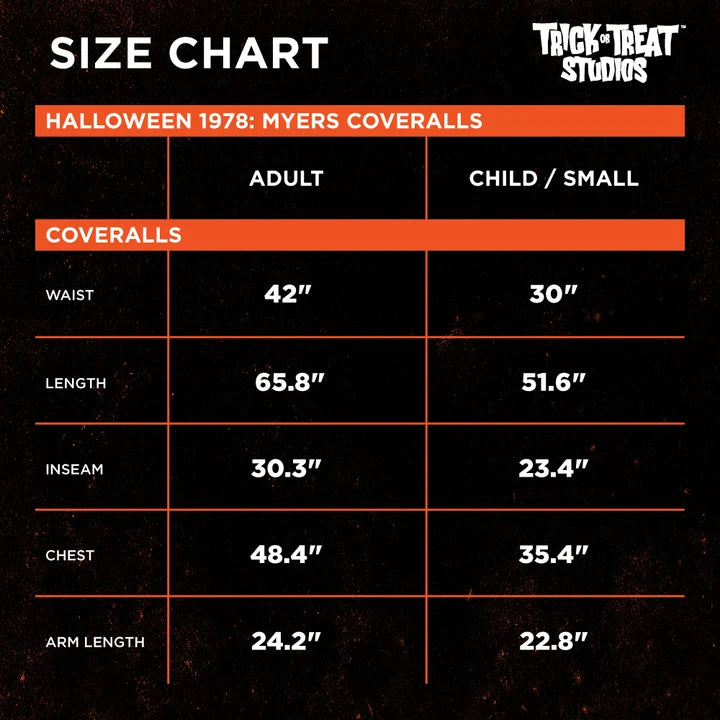 Halloween 1978 Michael Myers adult coveralls size chart