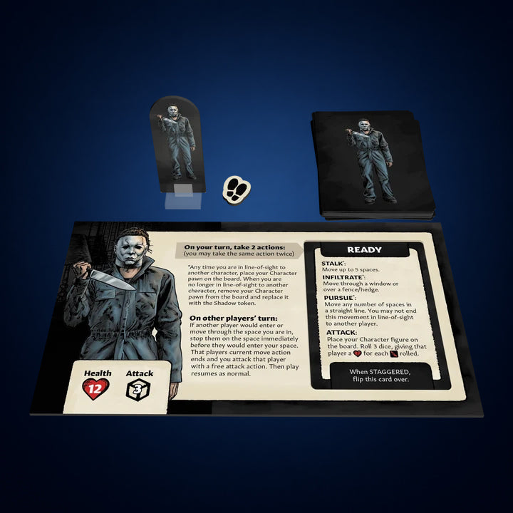 Halloween 1978 Board Game – Michael Myers player components on dark midnight-blue gradient