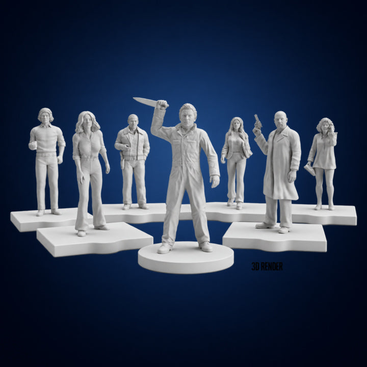 Halloween 1978 Miniatures – miniatures 3D render on dark midnight-blue gradient