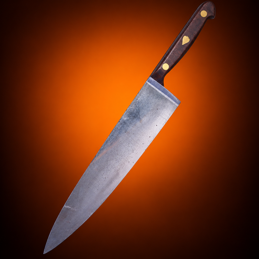 Halloween 4 The Return of Michael Myers butcher knife costume prop against a smooth dark Halloween-orange gradient background