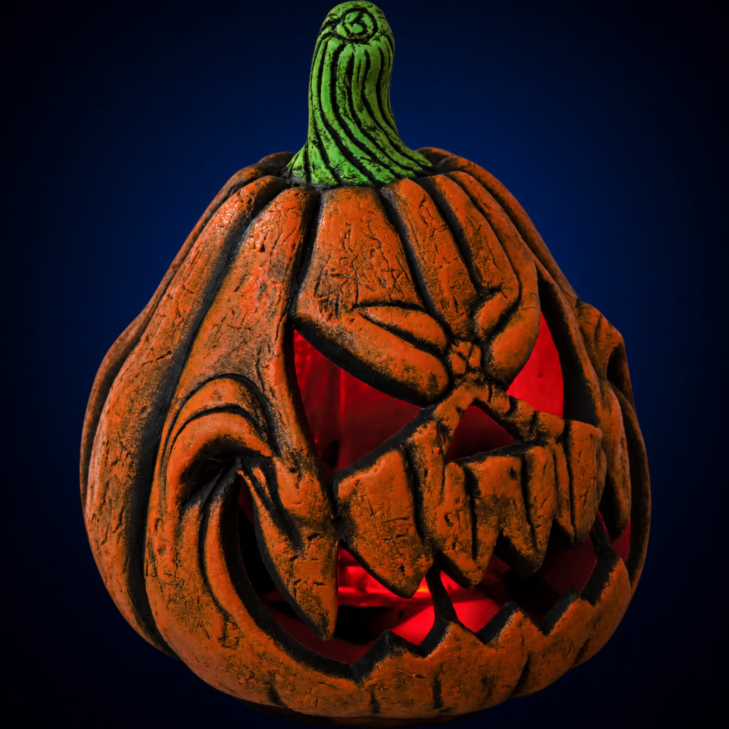 Jack O'Lantern Pumpkin decoration, view 4, against a smooth dark midnight-blue gradient background