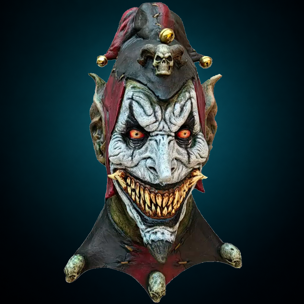 Jesterblin mask, view 1, against consistent dark petrol teal gradient